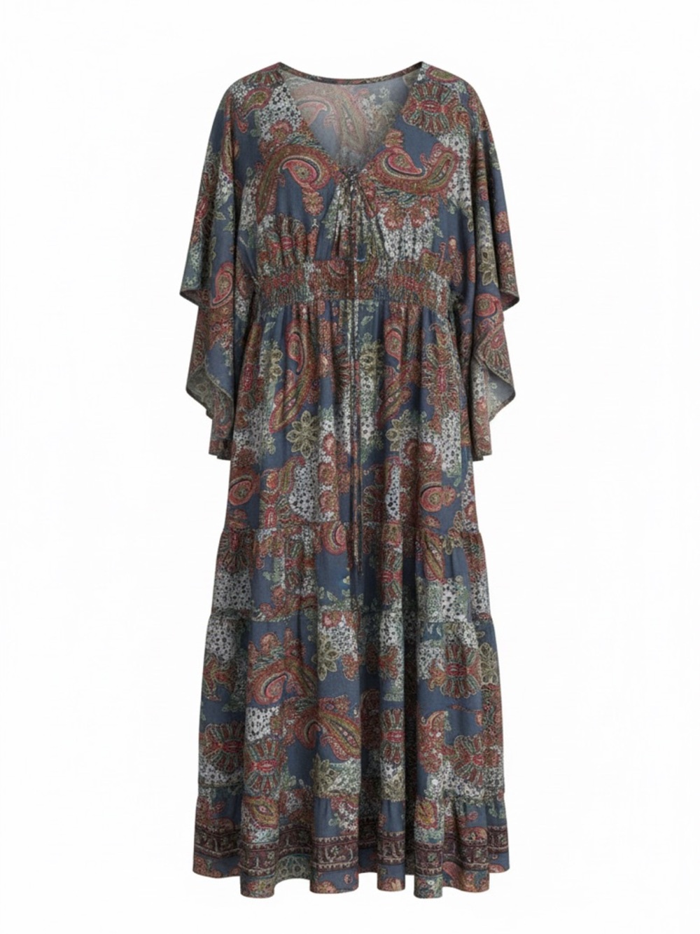 Boemo Blue and Red Paisley Long Sleeve Maxi Dress